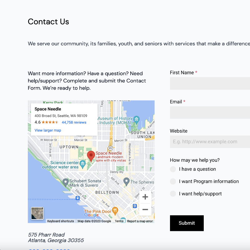 The Anya Nonprofit Website Template Contact page features a contact form with qualifying questions, and a Google Map.