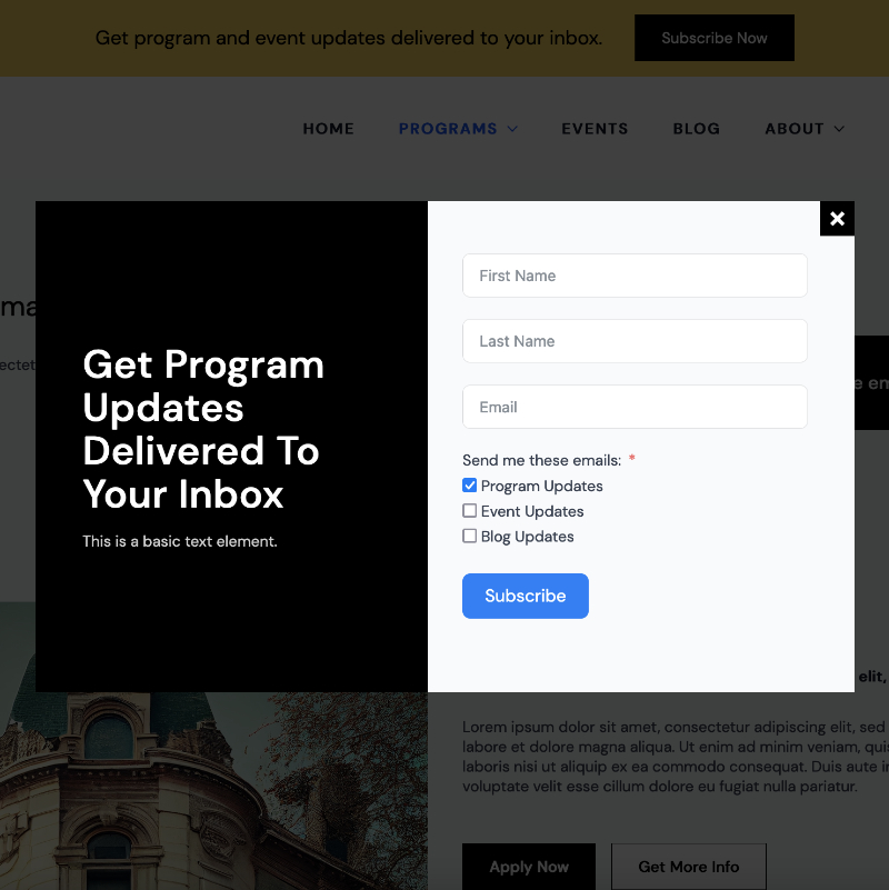 The Anya Nonprofit Website Template has a Popup Email Opt-In form that collects Program type preferences.