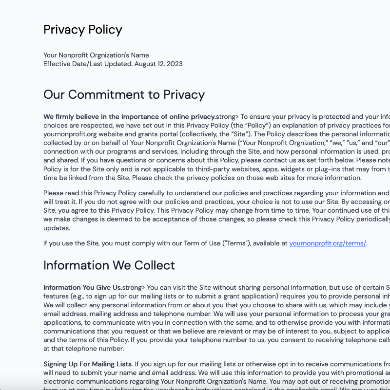 The Anya Nonprofit Template has a template Privacy Policy.