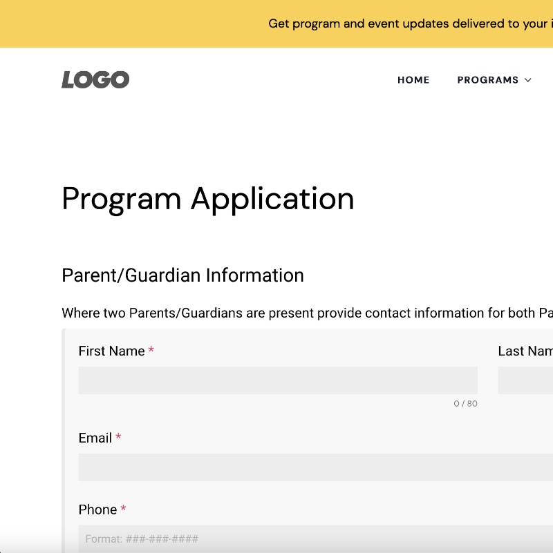 The Anya Nonprofit Website Template has a sample Program Application form you can edit.